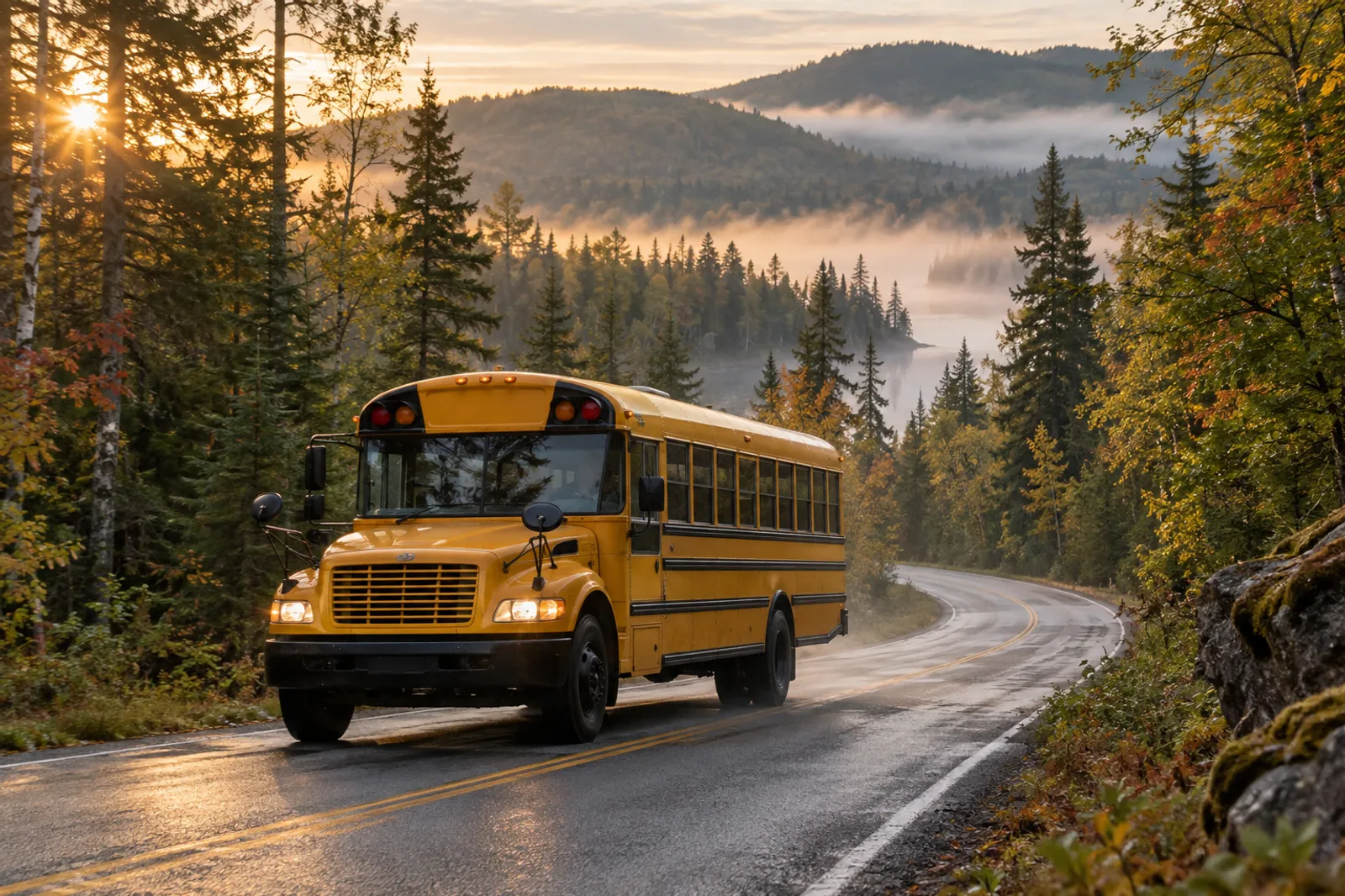 Yellow school bus on a forest-lined road early in the morning, in the Laurentians