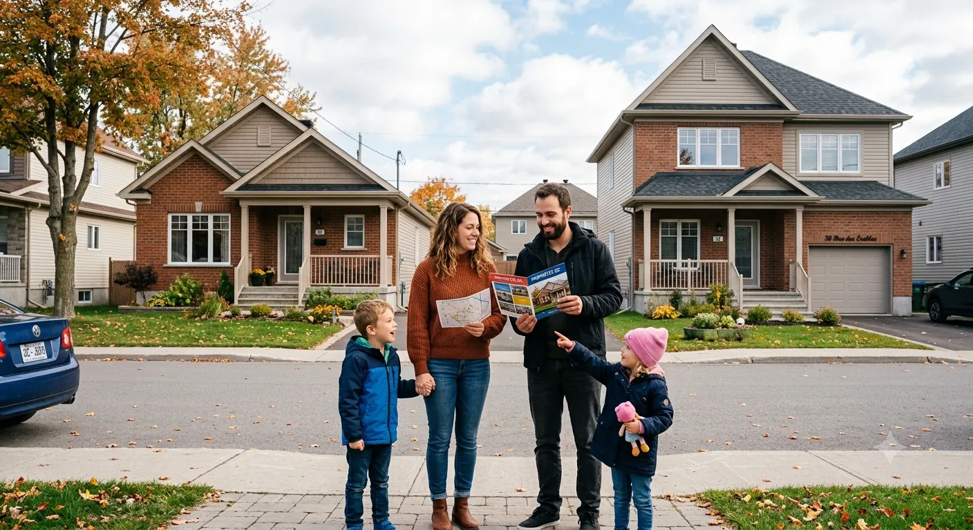 Young family comparing a bungalow and a two-storey home for their first purchase in Quebec.