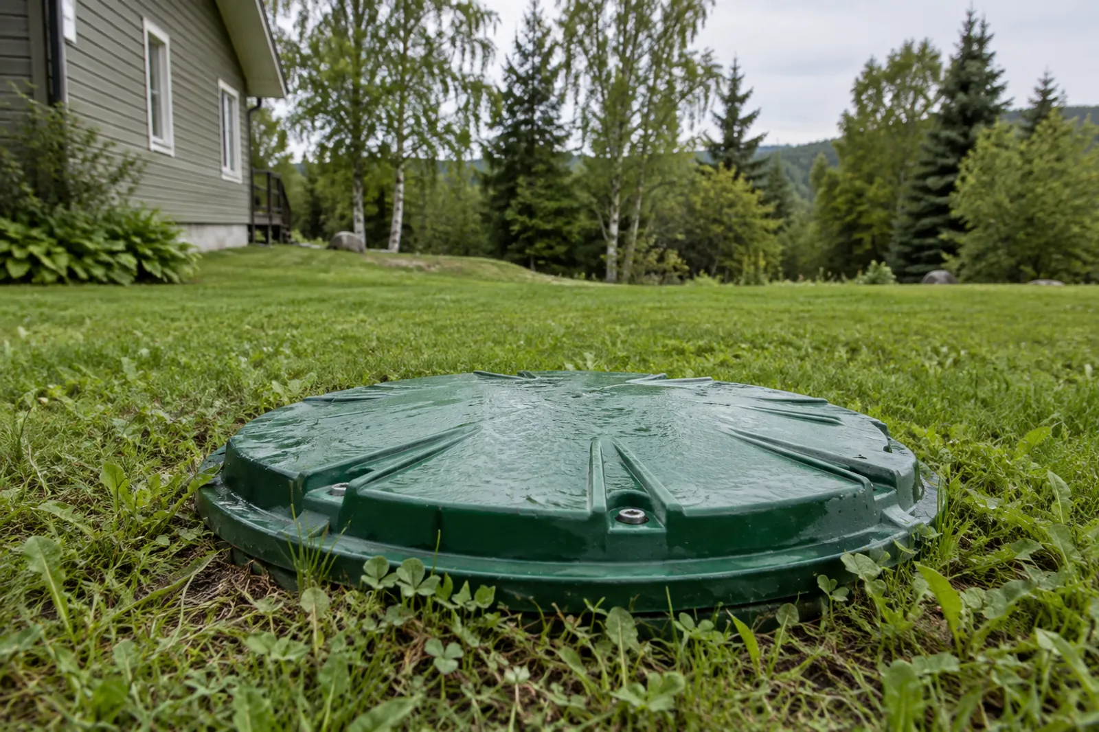 Septic tank lid in a lawn, behind a country house in Quebec