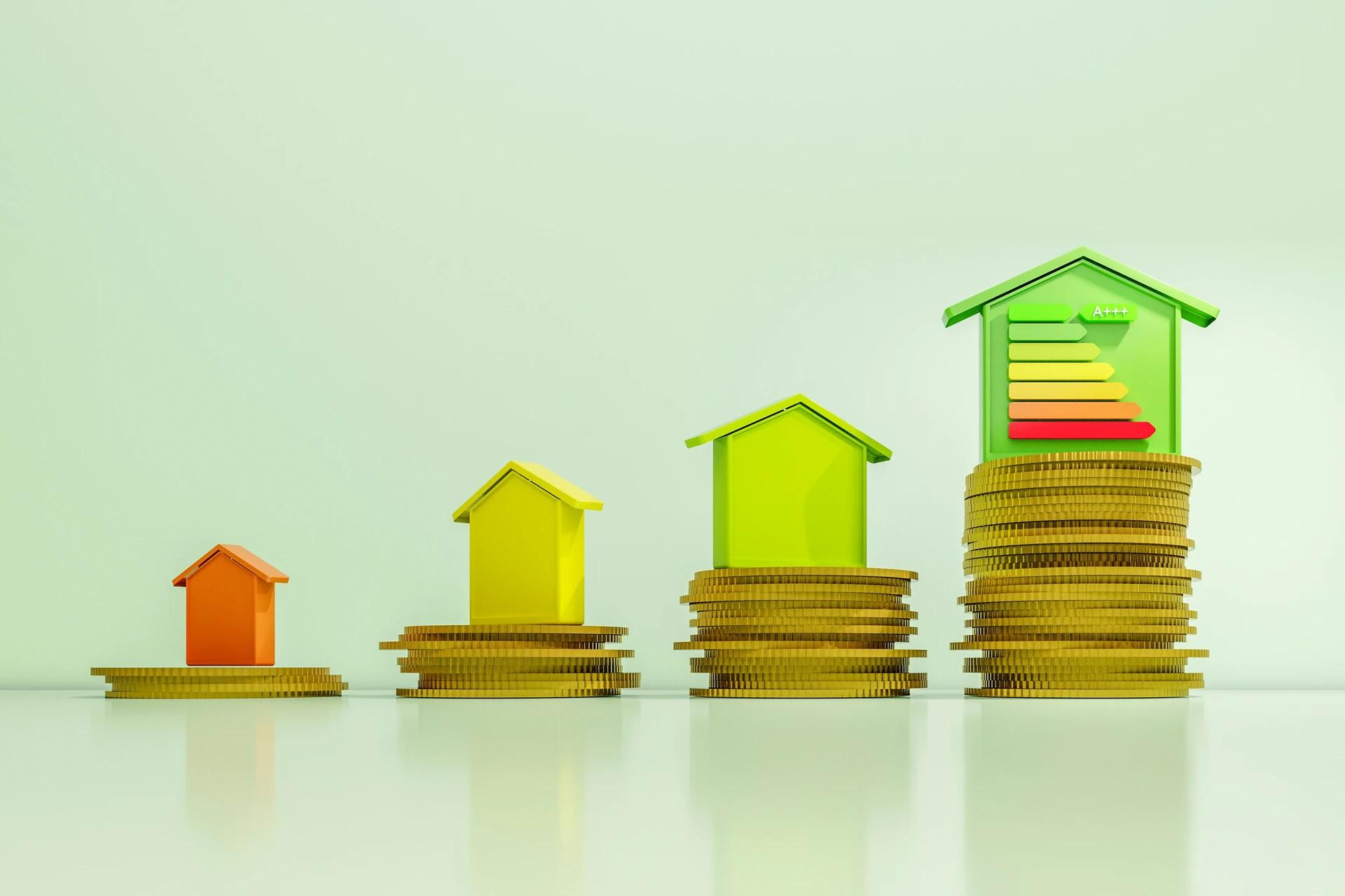 Miniature houses placed on growing stacks of coins symbolizing rising residential values