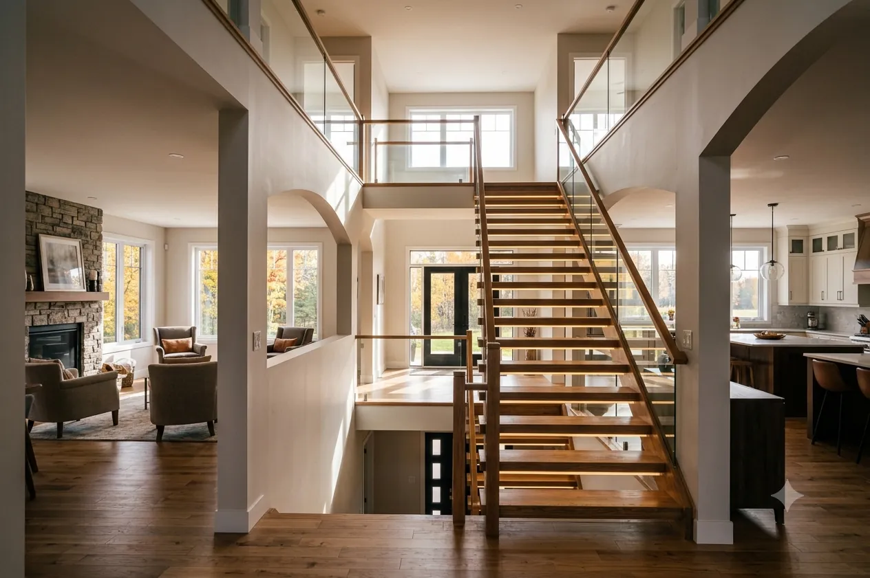 Two-storey home with an interior staircase and separated living spaces.