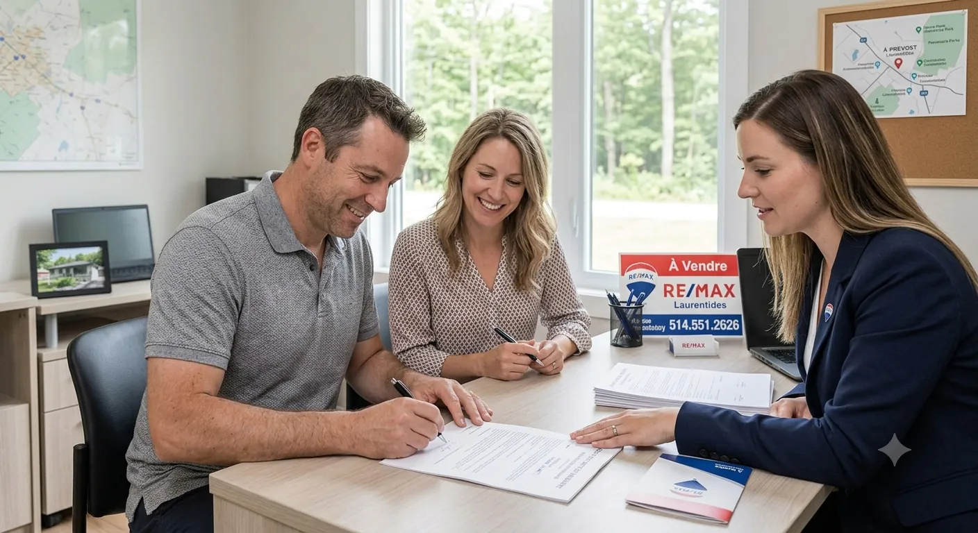 Couple signing the sale contract for their home with a real estate broker in Quebec.