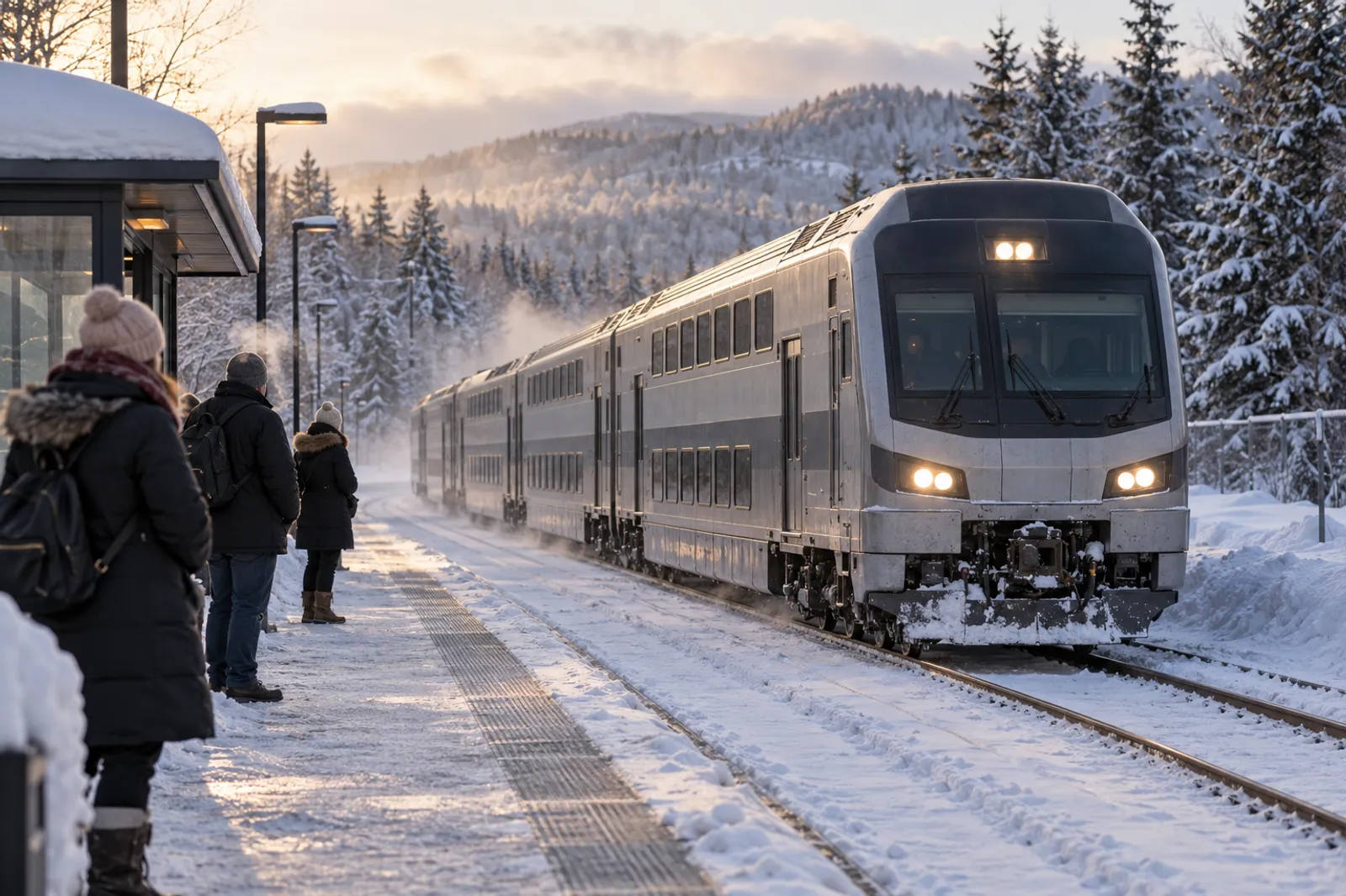 Commuter train pulling into the station on a winter morning, a factor to check before living in the Laurentians