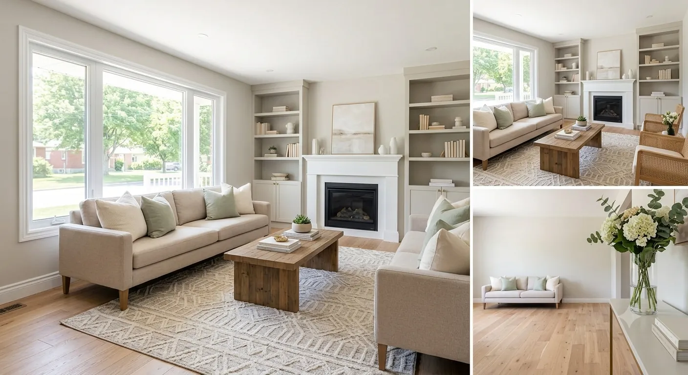 Salon de bungalow mis en valeur par un home staging neutre et lumineux pour séduire les acheteurs.
